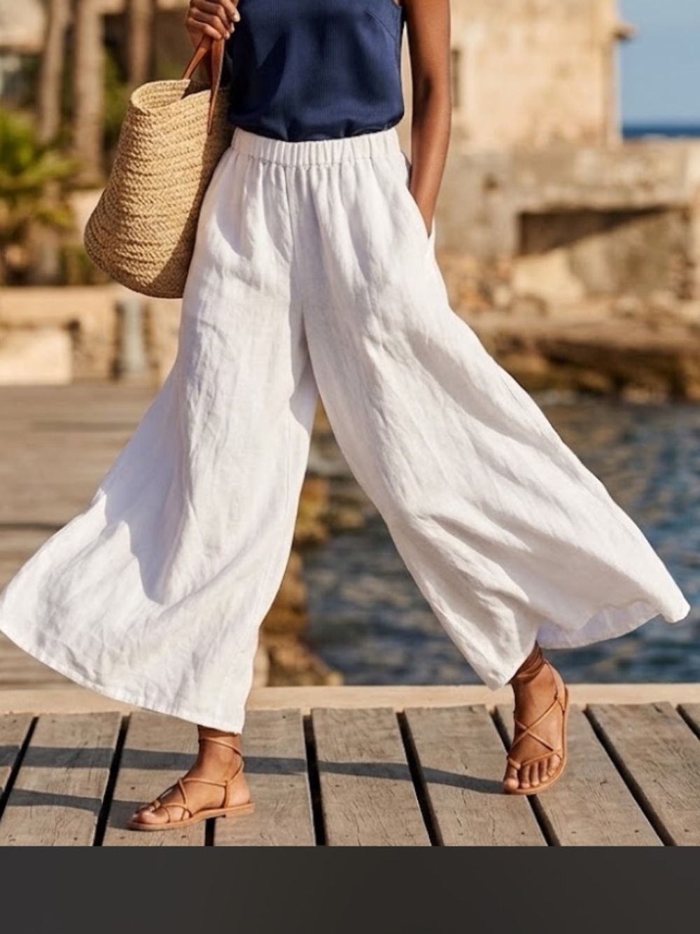 NWOT Boho White Italian 100% Linen Pleated palazzo Super Wide Leg Pants Italy M